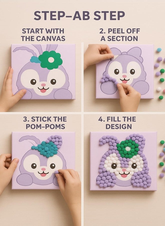 CHEFERYN Purple Bunny DIY Pom-Pom Art Canvas Kit for Kids - 8x8 Inch Cute Bunny Craft Set - Easy Creative Activity for Girls & Boys - Wall Décor for Bedroom or Playroom - Image 3